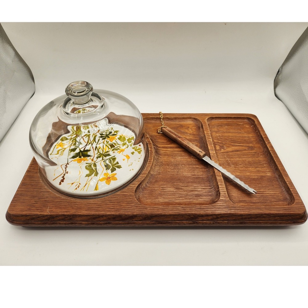 Vintage Goodwood Cheese Board Glass Dome Cloche Wood Tray with Knife